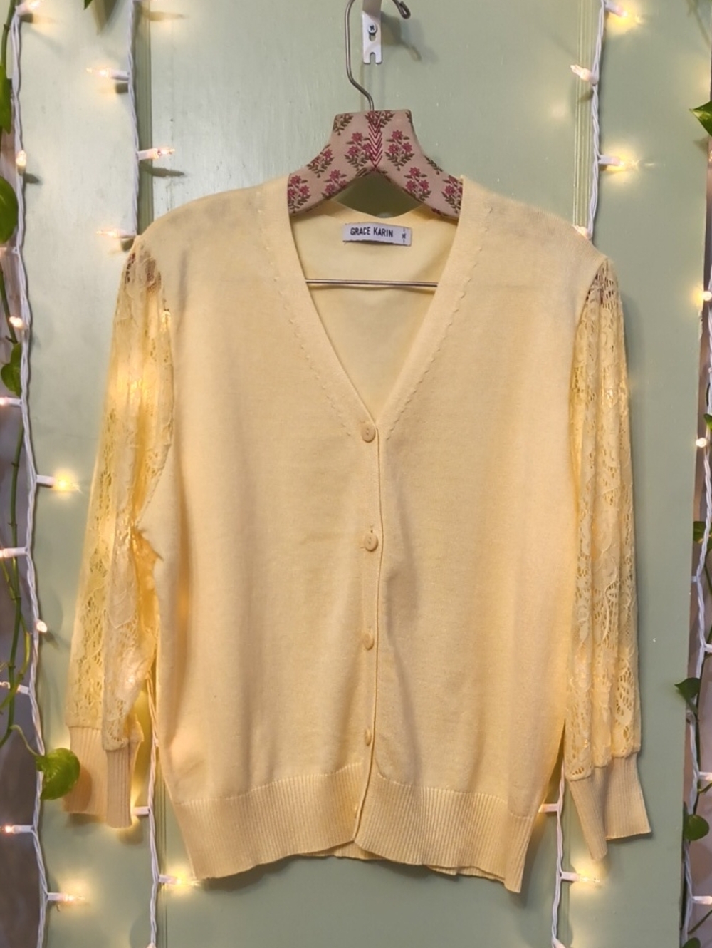 Women's Grace Karin Lace Sleeve Yellow Viscose Button Up Cardigan Sweater XL